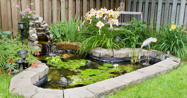 A backyard pond adorned with gray stones. It is surrounded by plants and lamps. Toward the back is a small waterfall.