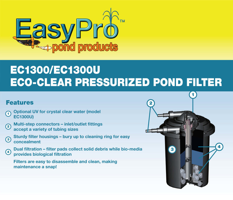 EasyPro Eco-Clear Pressurized Filter – Up to 1300 Gallons – 9 watt UV